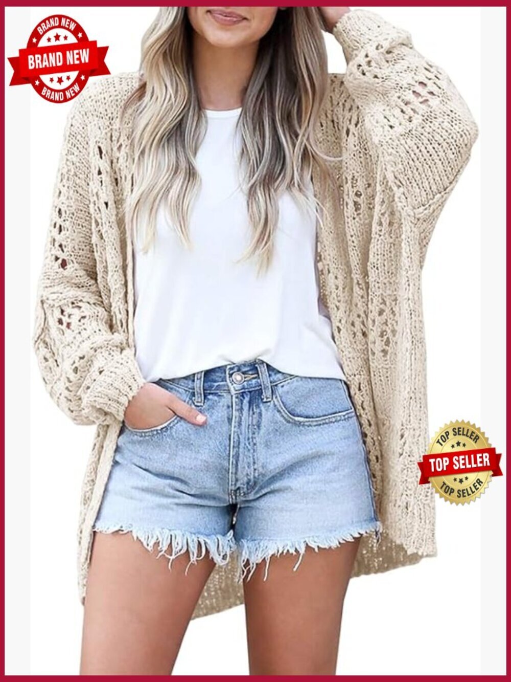 Crochet Open Front Cardigan Sweater Lightweight Long Sleeve
